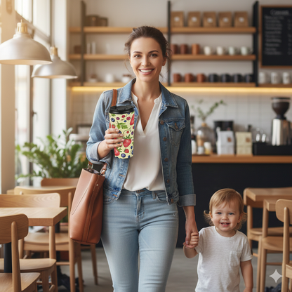 Strawberry & Berry Pattern Stainless Steel Travel Mug — Insulated Fruit Print Tumbler