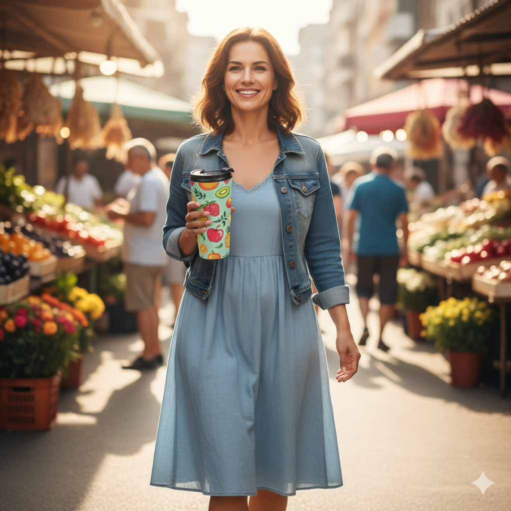 Colorful Fruit Pattern Travel Mug | Strawberry Apple Orange Kiwi Pineapple