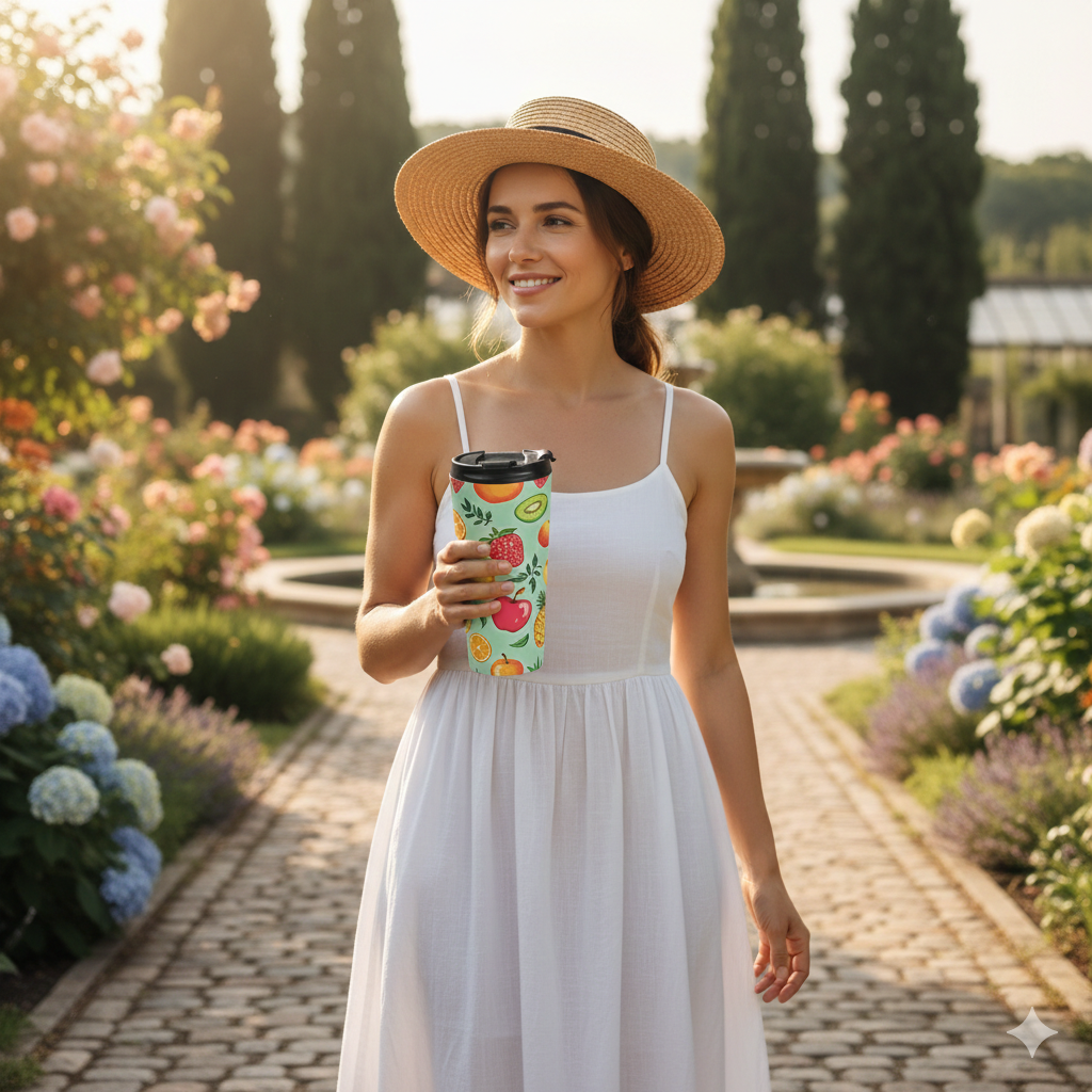 Colorful Fruit Pattern Travel Mug | Strawberry Apple Orange Kiwi Pineapple