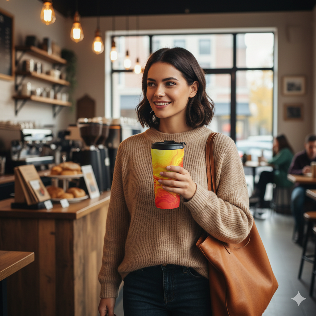 Sunset Swirl Stainless Steel Travel Mug — Insulated Orange & Yellow Marble Drink Tumbler