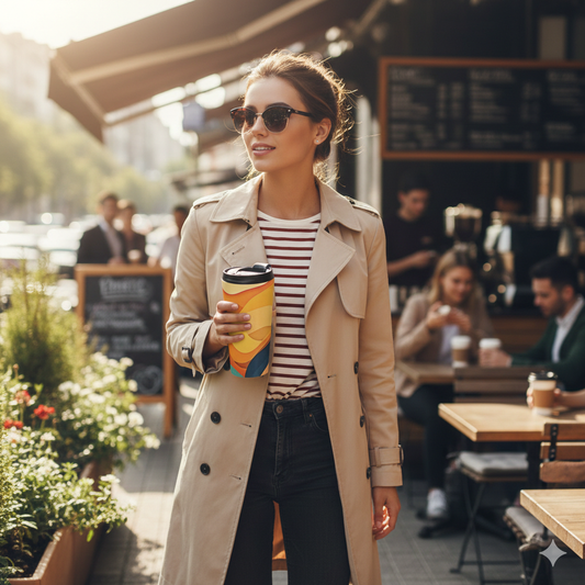 Sunset Waves Stainless Steel Travel Mug — Abstract Retro Orange & Yellow Design