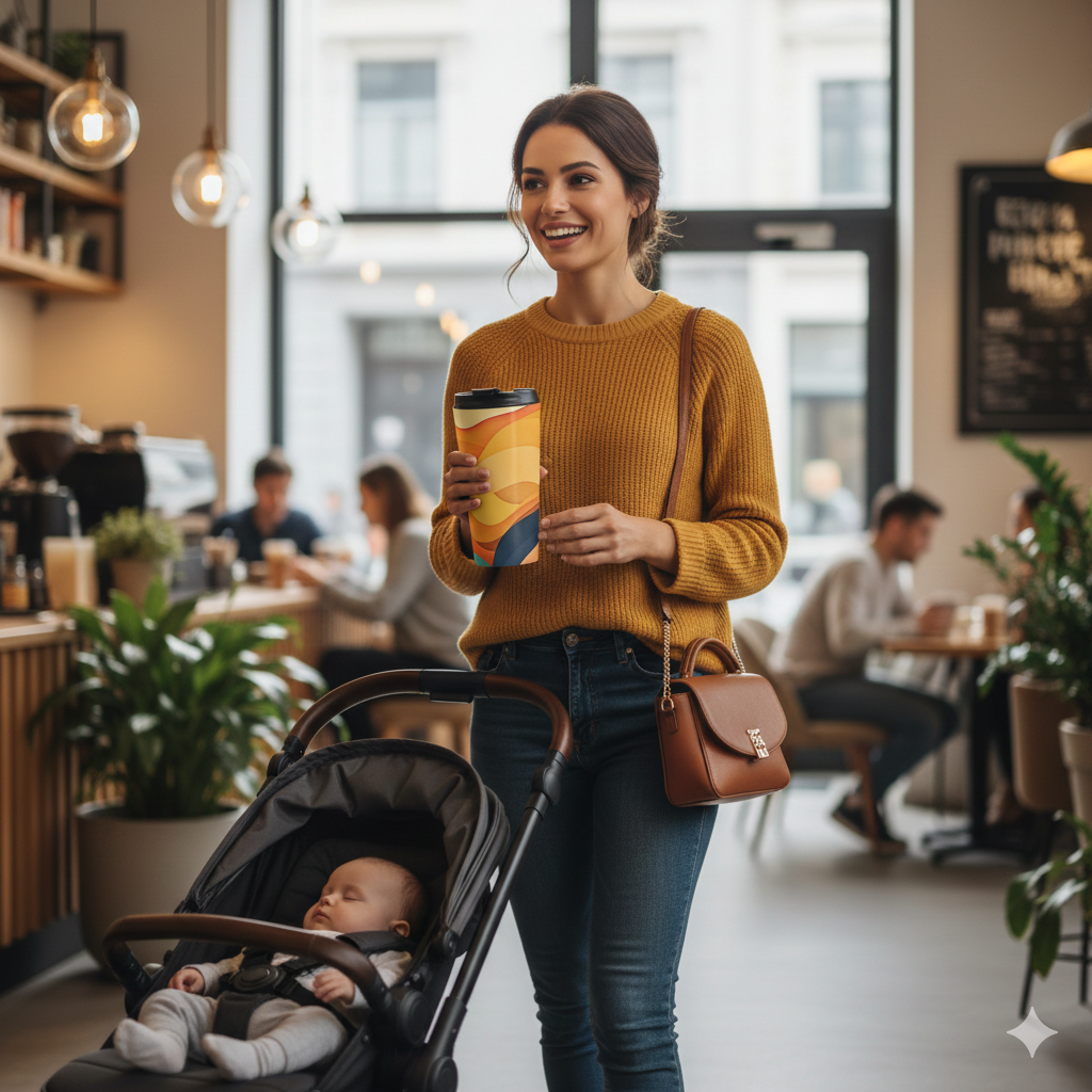 Sunset Waves Stainless Steel Travel Mug — Abstract Retro Orange & Yellow Design