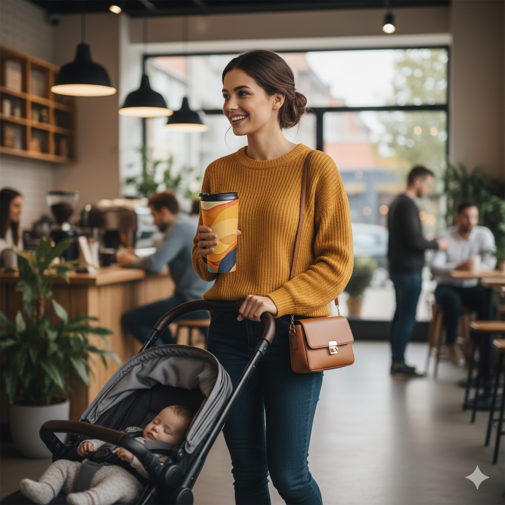 Sunset Waves Stainless Steel Travel Mug — Abstract Retro Orange & Yellow Design