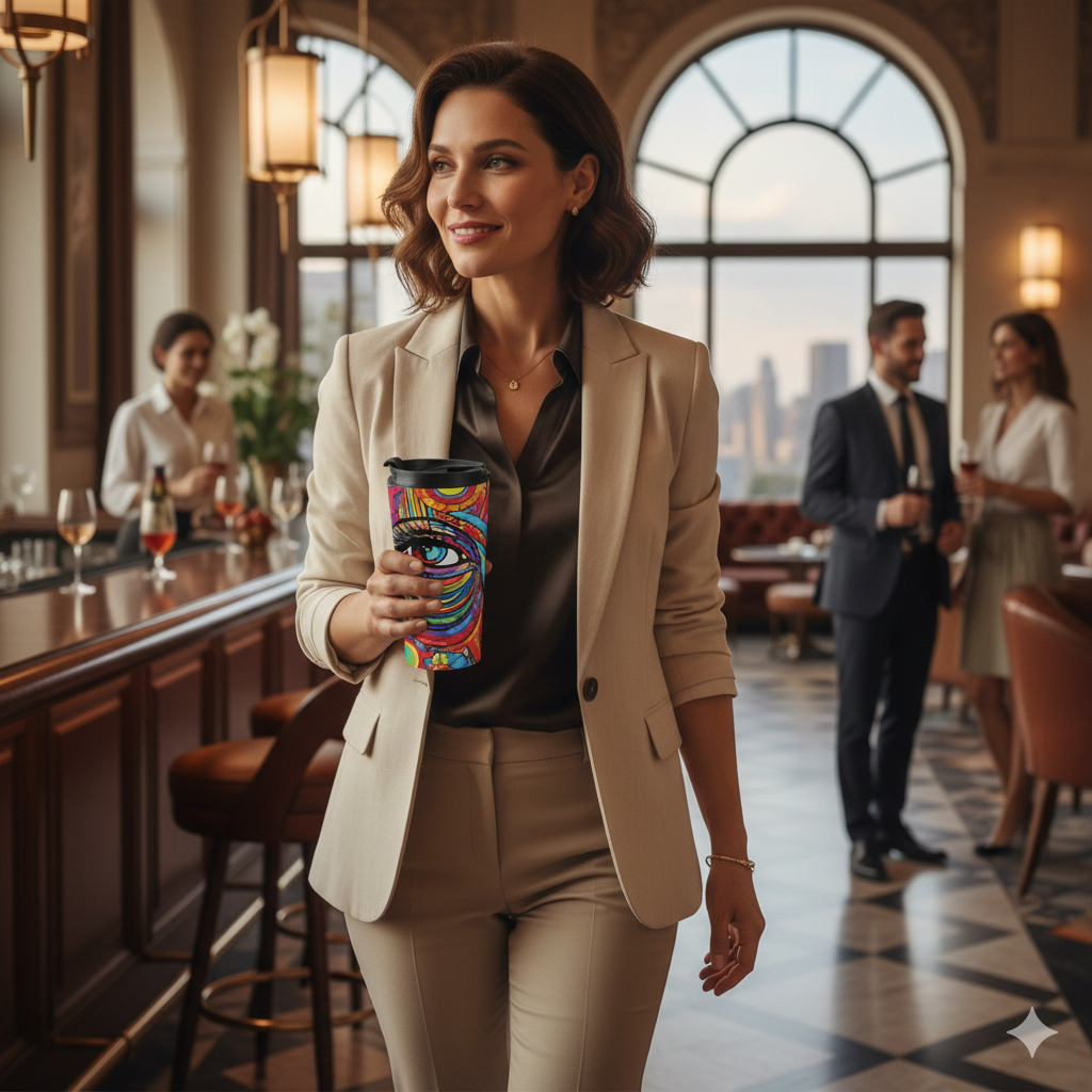 Colorful Abstract Face Travel Mug — Vibrant Psychedelic Stainless Steel Tumbler