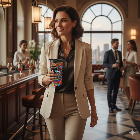 Colorful Abstract Face Travel Mug — Vibrant Psychedelic Stainless Steel Tumbler