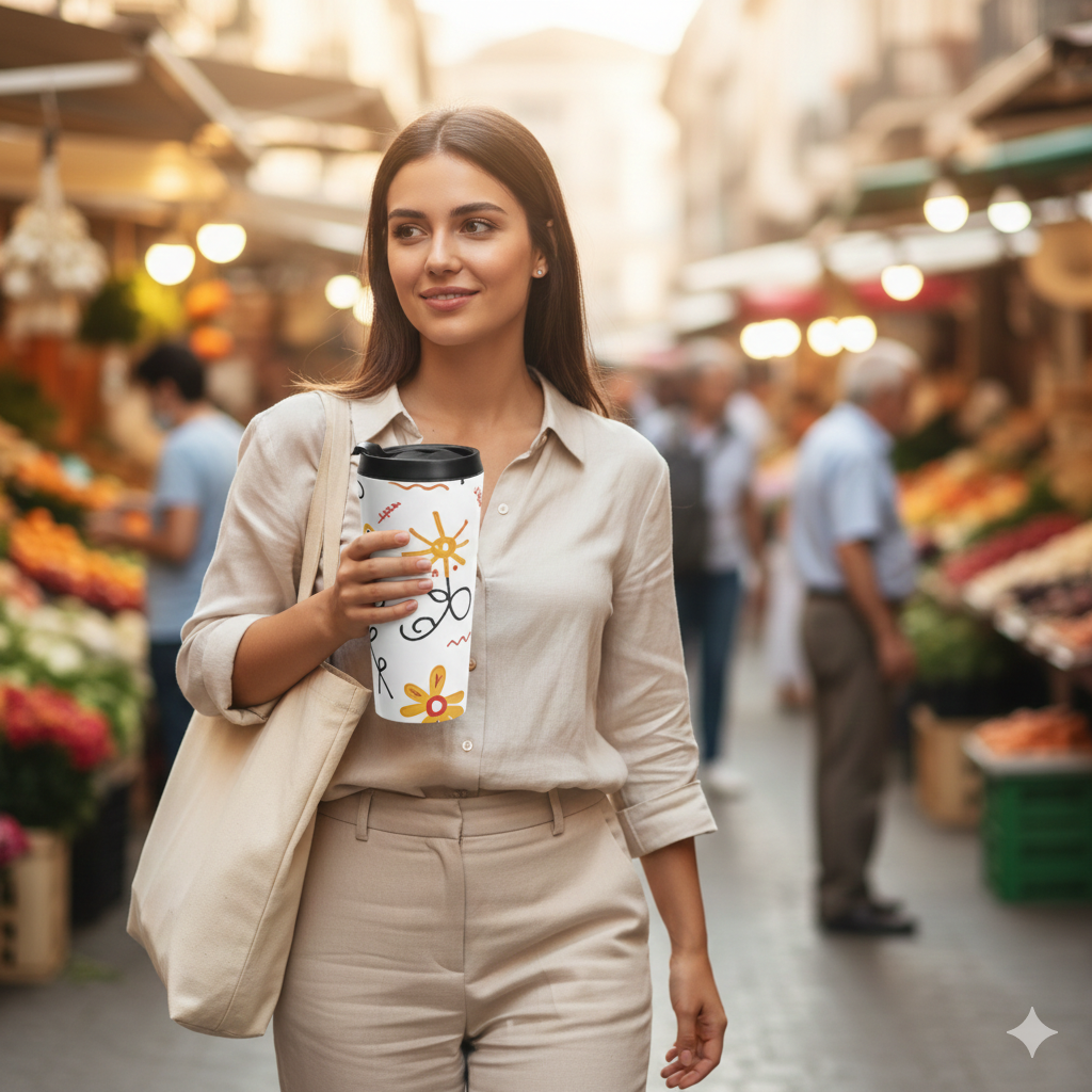 Floral Doodle Stainless Steel Travel Mug — Bright Hand-Drawn Flowers