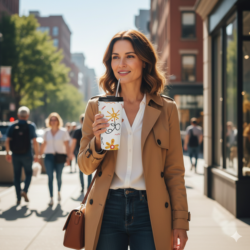 Floral Doodle Stainless Steel Travel Mug — Bright Hand-Drawn Flowers