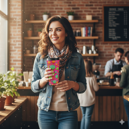 Colorful Bubble Pattern Travel Mug — Bright Pink Neon Insulated Tumbler