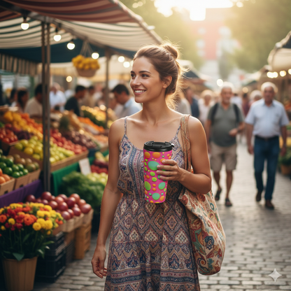 Colorful Bubble Pattern Travel Mug — Bright Pink Neon Insulated Tumbler