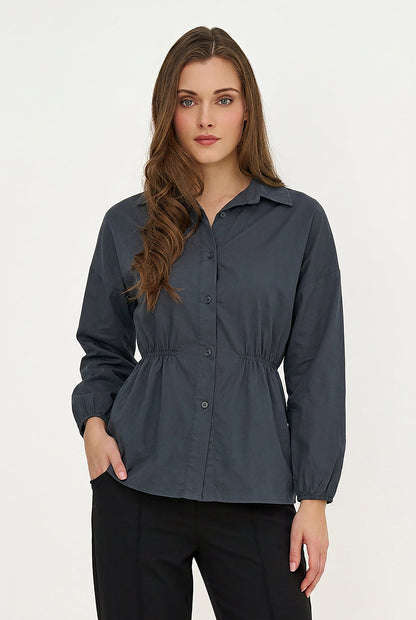 Women's Woven Button-Down Shirt, Long Sleeves & Elastic Waist