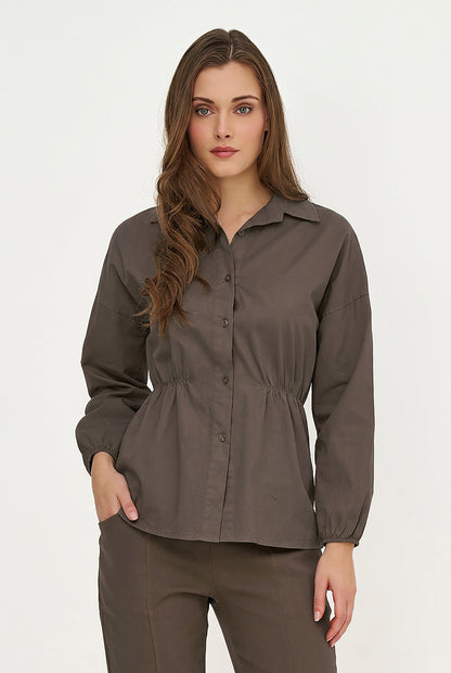 Women's Woven Button-Down Shirt, Long Sleeves & Elastic Waist