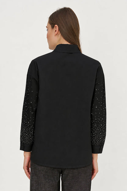 Women's Woven Button-Down Shirt with Long Sleeves & Decorative Studs