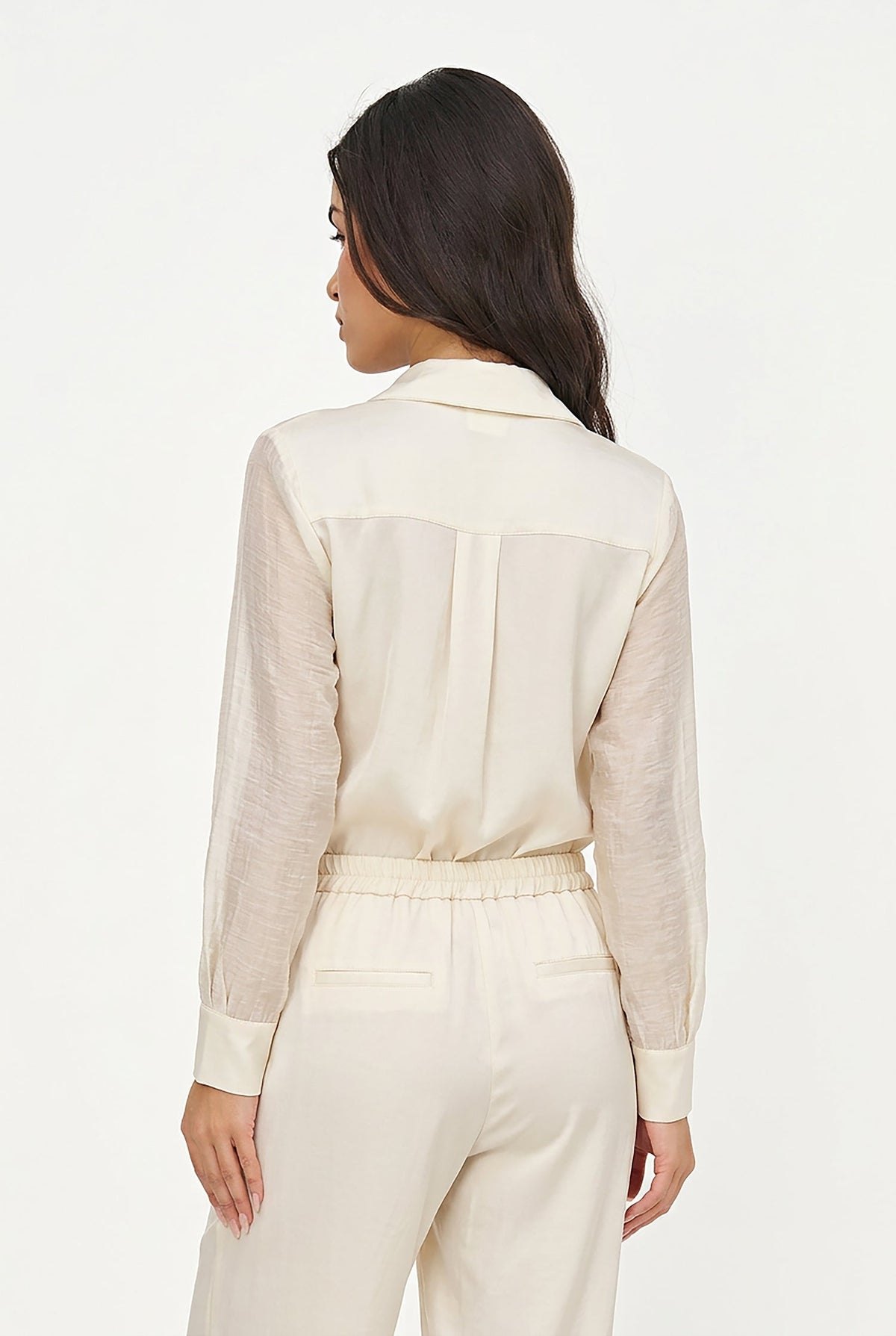 Women's Button-Down Shirt with Satin Body & Semi-Sheer Sleeves