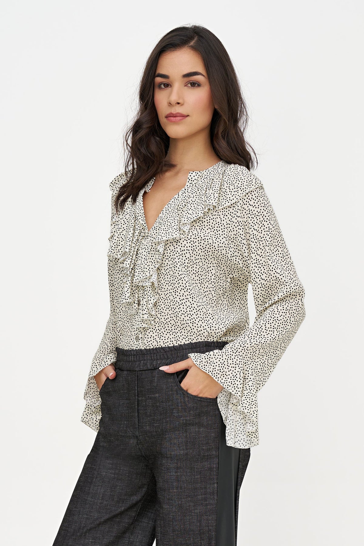 Women's Printed Button-Down Shirt with Ruffled Front, Collar & Cuffs