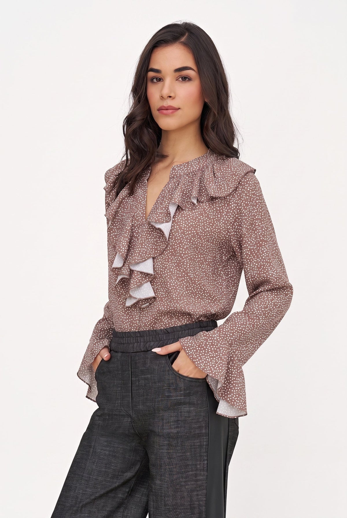 Women's Printed Button-Down Shirt with Ruffled Front, Collar & Cuffs