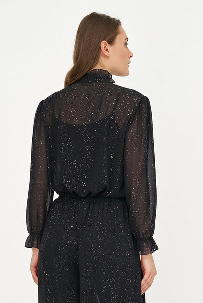 Women's Foil-Print Button-Down Shirt, Tie-Bow Collar & Removable Cami