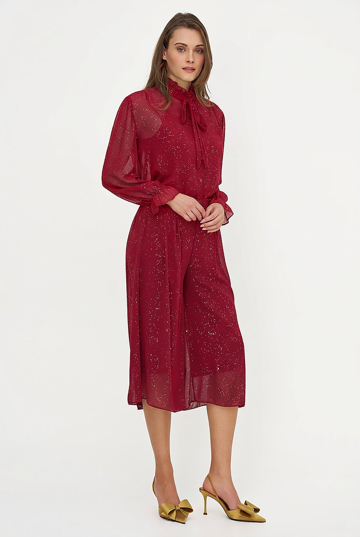 Women's Foil-Print Button-Down Shirt, Tie-Bow Collar & Removable Cami