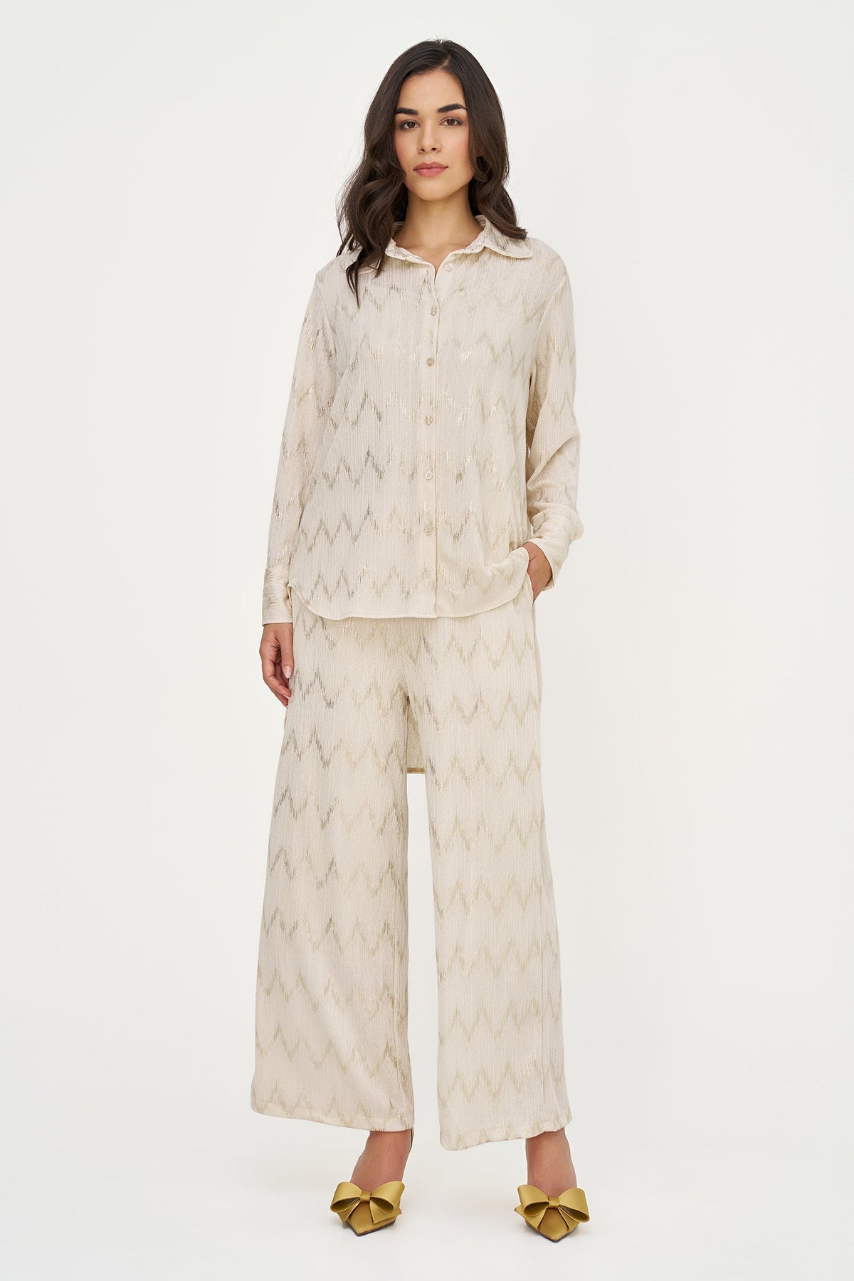 Women's Foil Zigzag-Stripe Button-Down Tunic Shirt with Removable Cami