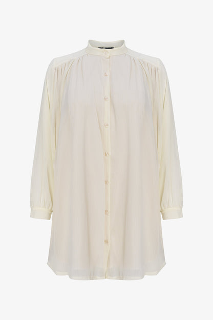Women's Woven Button-Down Tunic Shirt, Long Sleeves & Stand Collar