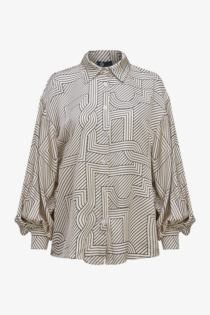 Women's Printed Button-Down Shirt with Long Sleeves Puffed at Cuffs