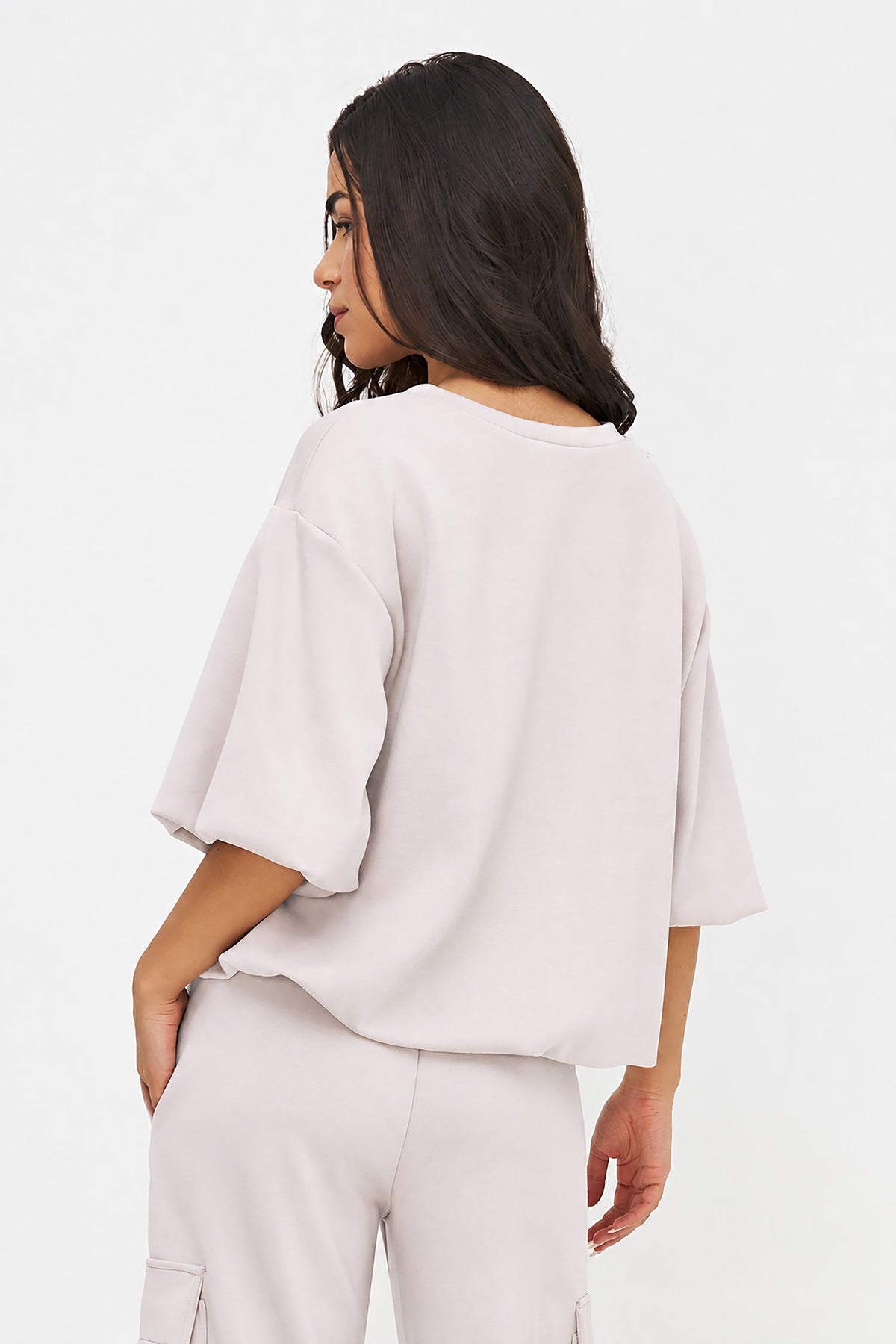 Women's Crew-Neck Sweatshirt, Elbow-Length Bubble Sleeves & Bubble Hem