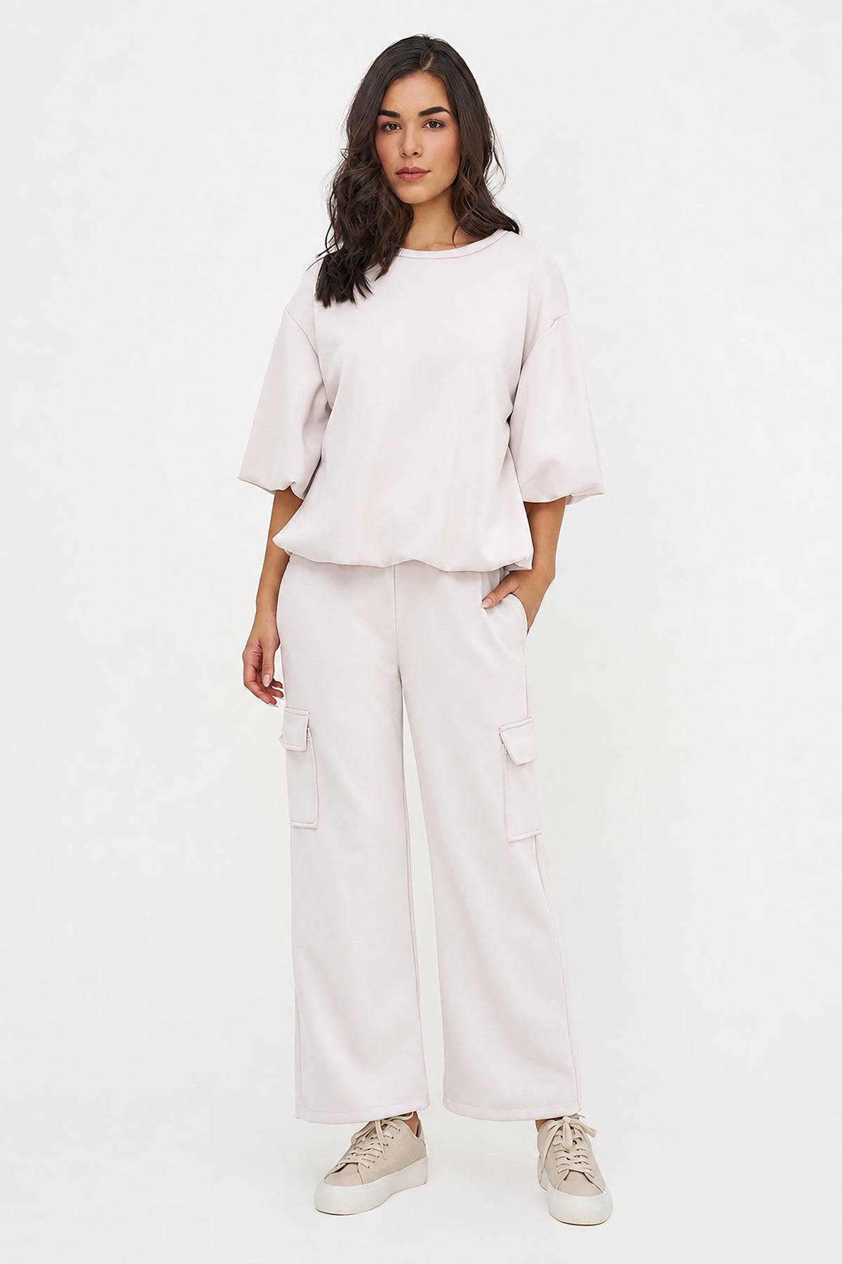 Women's Crew-Neck Sweatshirt, Elbow-Length Bubble Sleeves & Bubble Hem