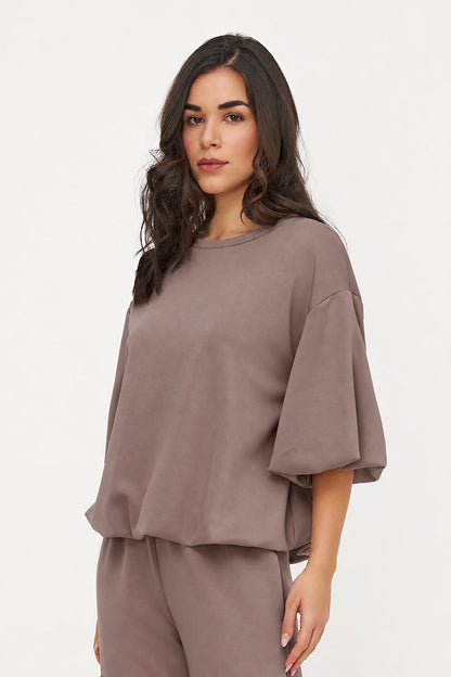 Women's Crew-Neck Sweatshirt, Elbow-Length Bubble Sleeves & Bubble Hem