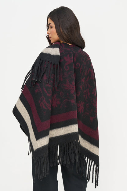 Women's Woven Printed Poncho with Fringe Detailing At The Hemline