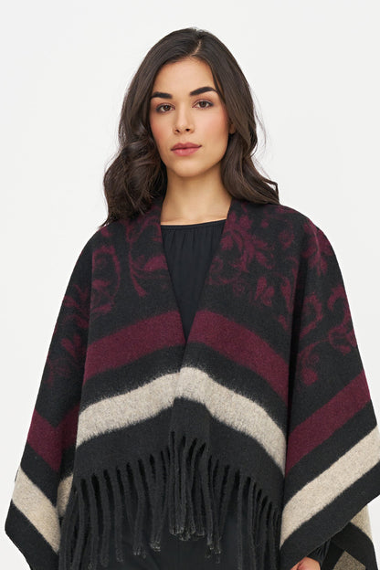 Women's Woven Printed Poncho with Fringe Detailing At The Hemline