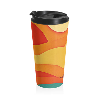 Sunset Waves Stainless Steel Travel Mug — Abstract Retro Orange & Yellow Design