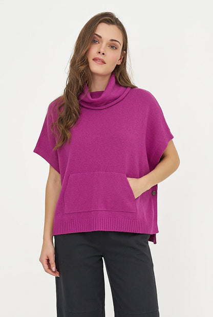 Women's Cowl Turtleneck Poncho with Side Buttons & Kangaroo Pocket