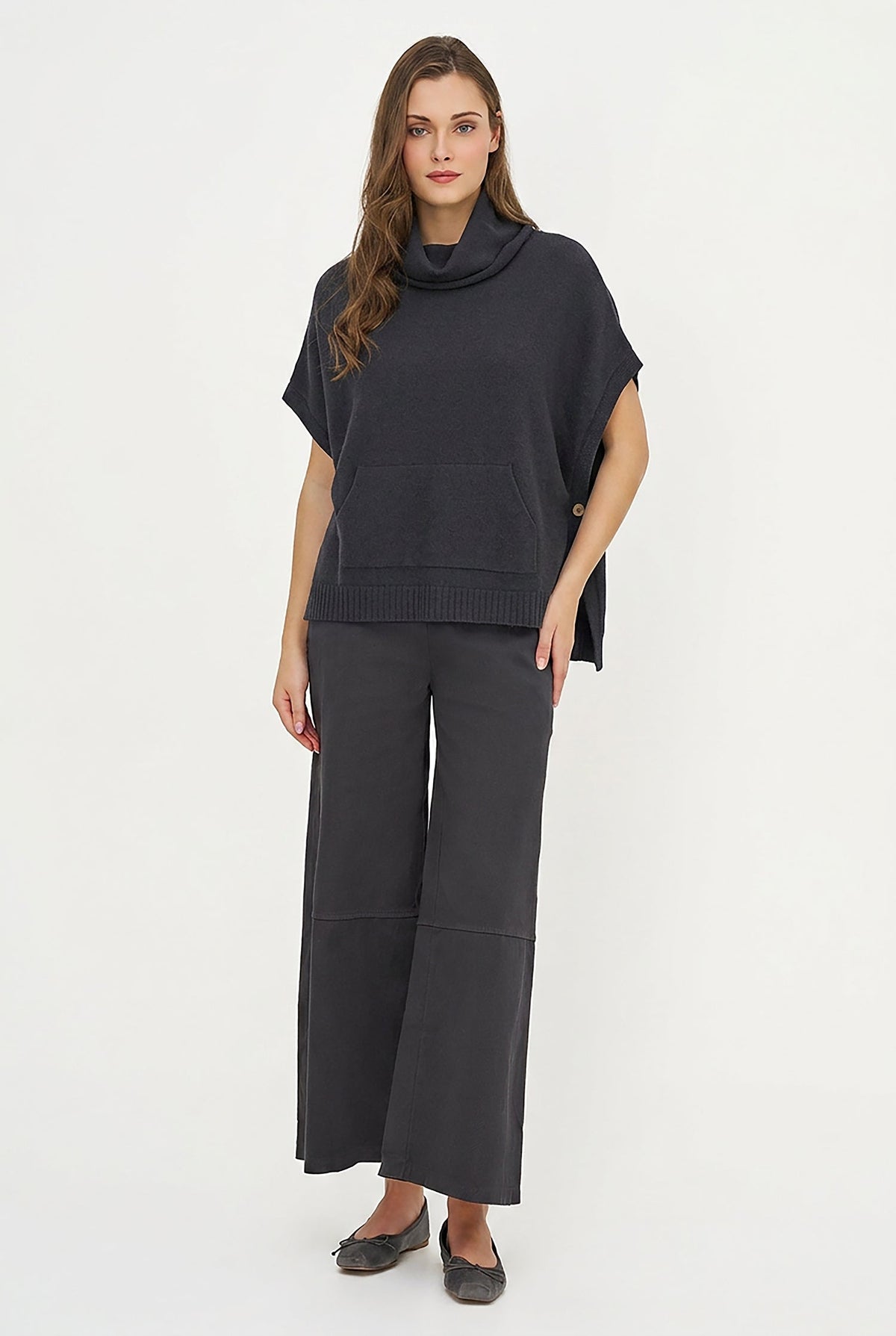 Women's Cowl Turtleneck Poncho with Side Buttons & Kangaroo Pocket