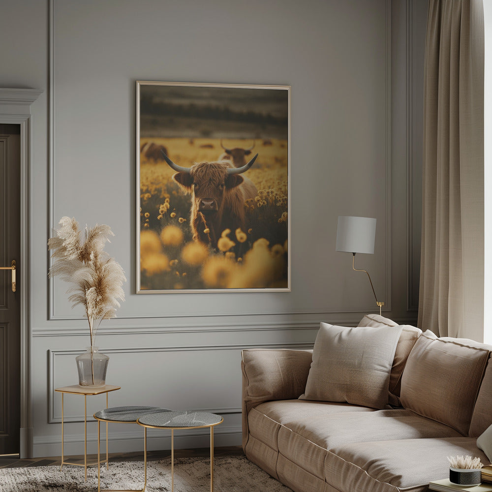 Wall Art Highland Cows In Flower Field