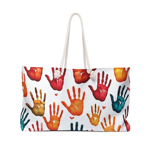 Colorful Handprints Weekender Bag | Painted Hands Pattern