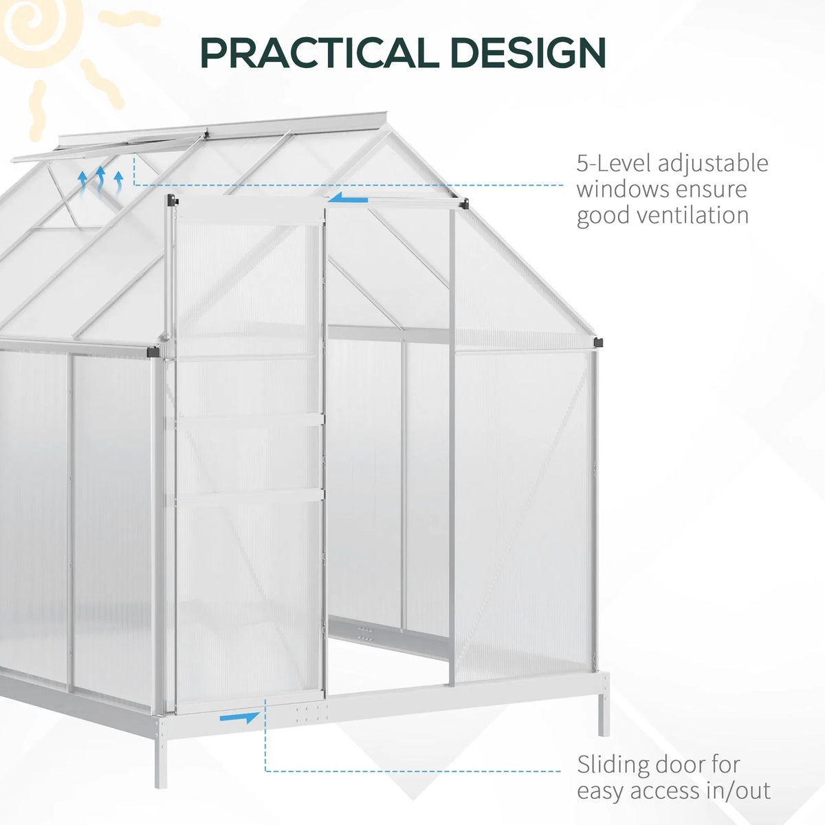 6' × 8' × 6.5' Walk-In Polycarbonate Greenhouse – Sliding Door, Base & Adjustable Roof Vent ( United States & Canada Delivery Only)