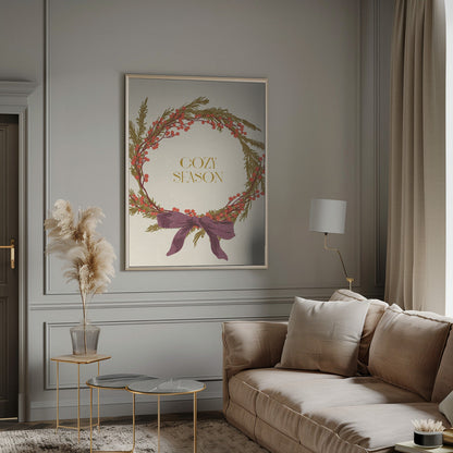 Wall art Cozy Season. Christmas wreath with bow Canvas Print
