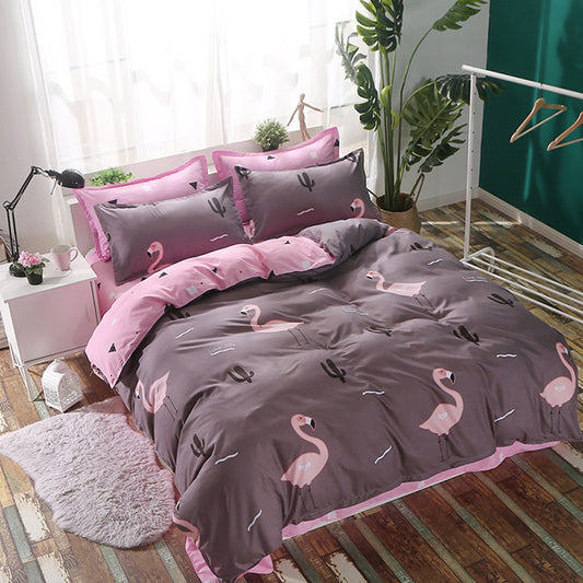 Pink Flamingo 4-Piece Bedding Set – Tropical Floral Polyester Quilt Cover, Sheet & Pillowcases