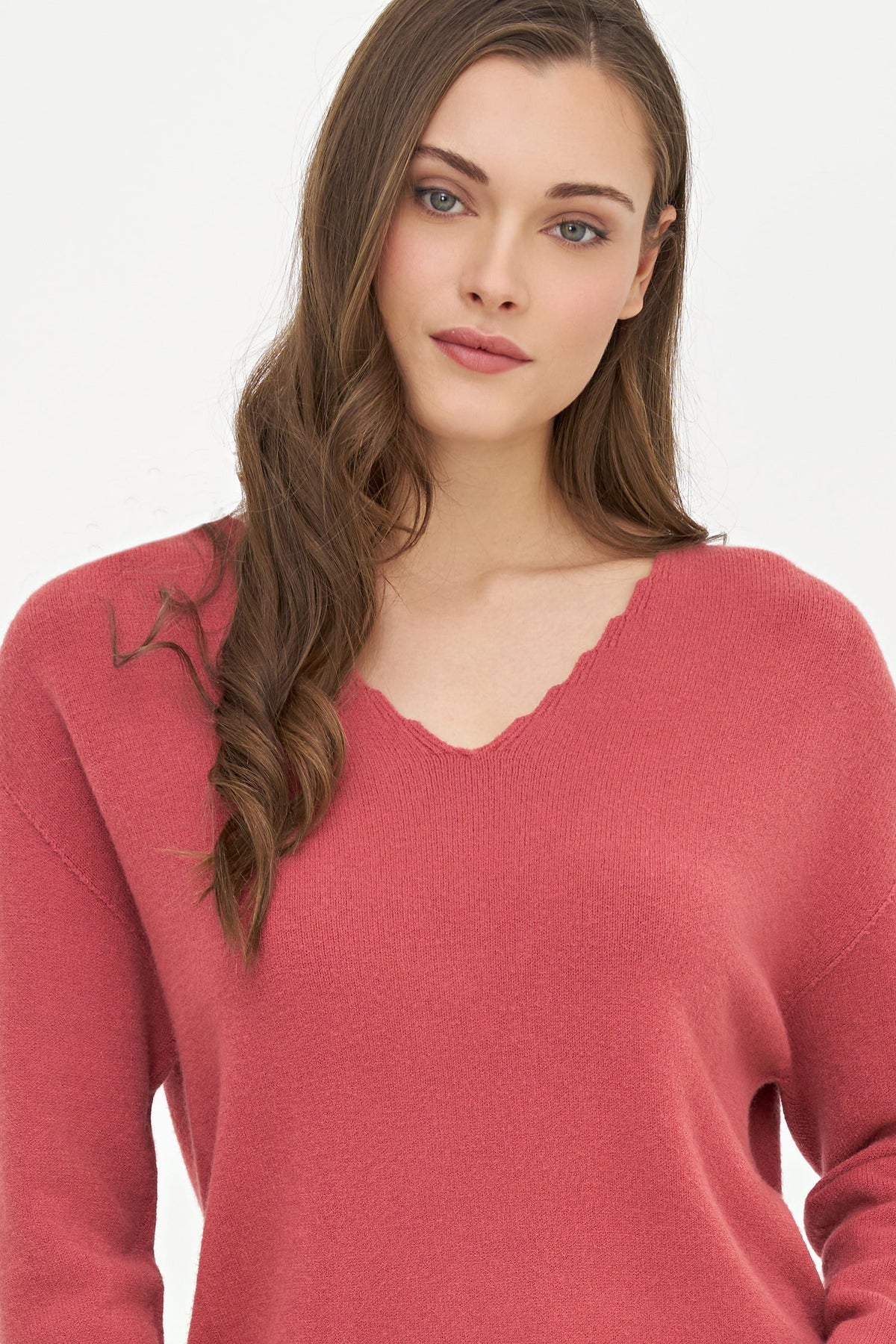 Women's Knit Scalloped V-Neck Tunic-Length Sweater, with Long Sleeves