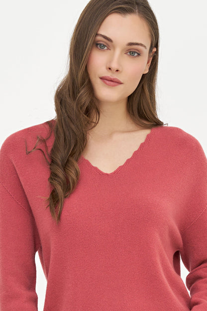 Women's Knit Scalloped V-Neck Tunic-Length Sweater, with Long Sleeves