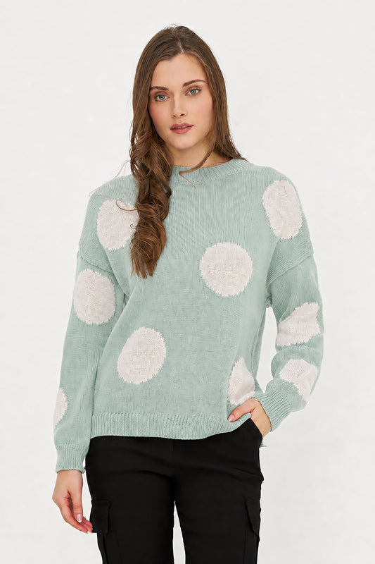 Women's Knit Polka-Dot Color-Block Crew-Neck Sweater with Long Sleeves
