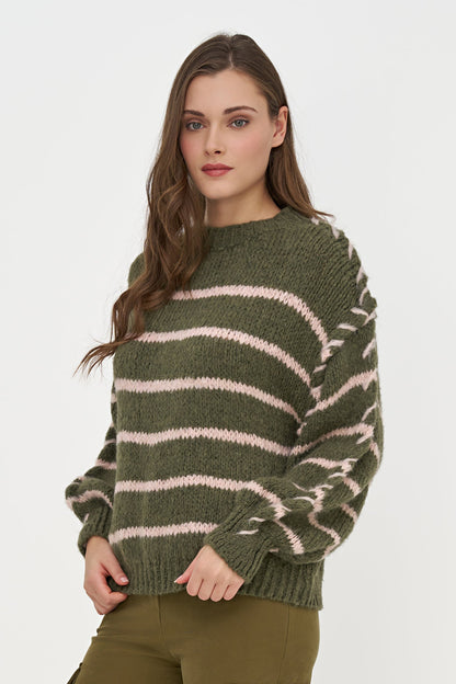 Women's Knit Crew-Neck Sweater, Long Sleeves & Color-Block Stripes