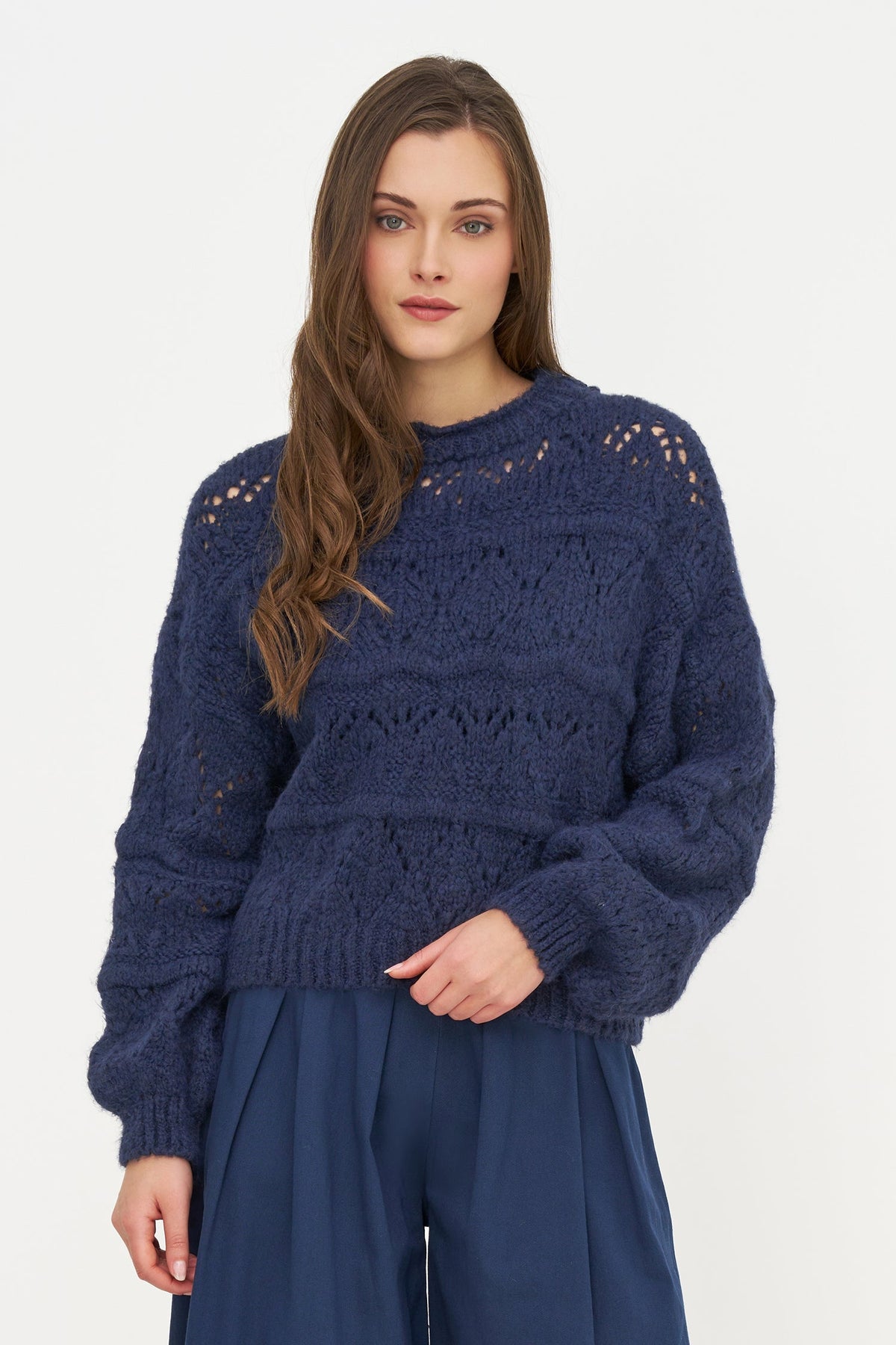 Women's Open-Crochet Crew-Neck Sweater