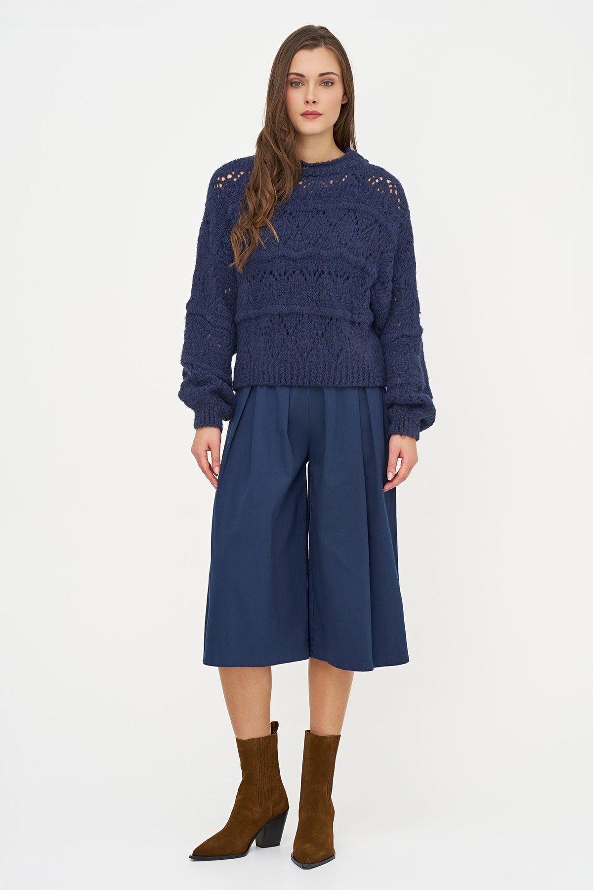 Women's Open-Crochet Crew-Neck Sweater