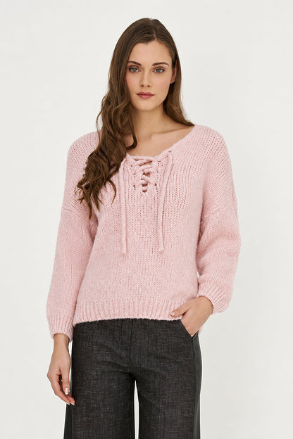 Women's Knit V-Neck Sweater, Long Sleeves & Cord Tie at Collar