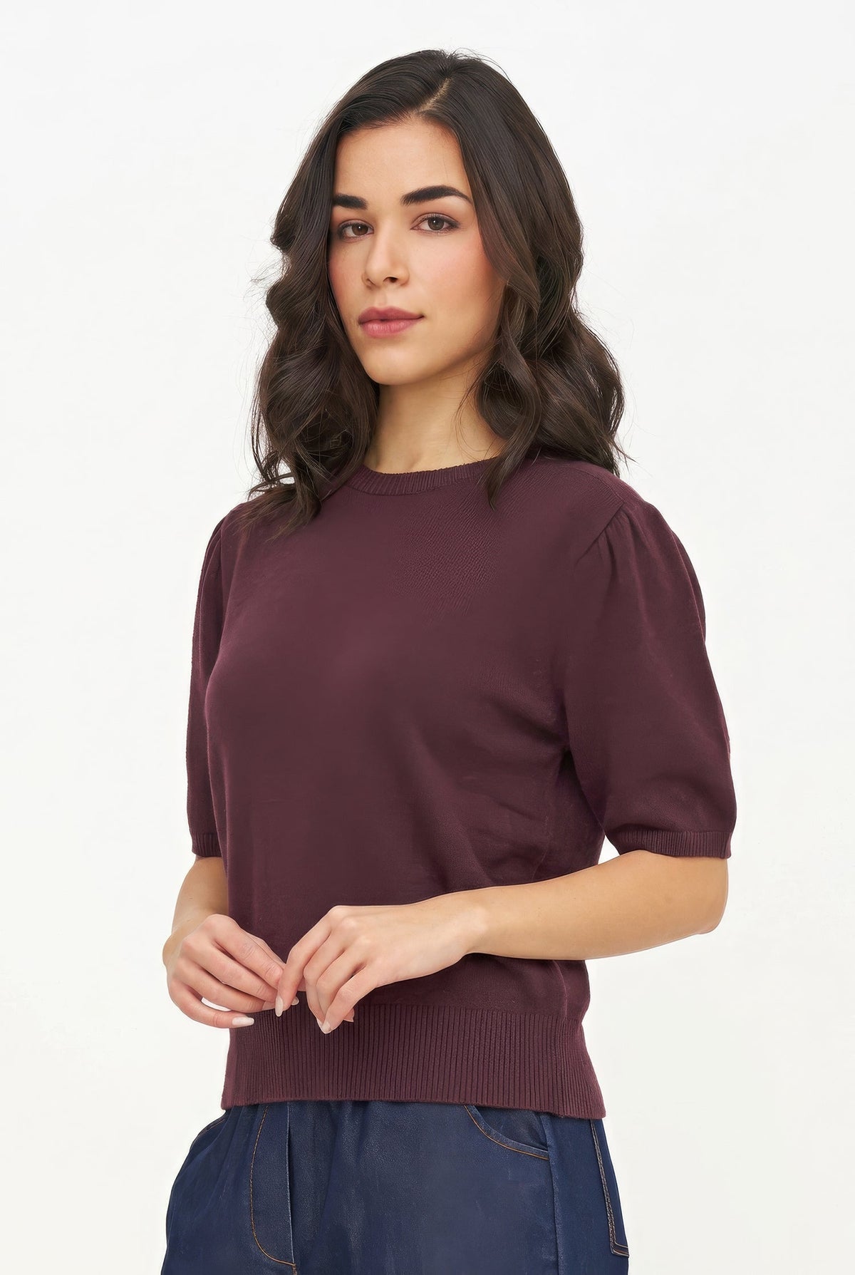 Women's Knit Wide Crew-Neck Sweater, with Elbow Length Sleeves with a Gathered Shoulder Detailing