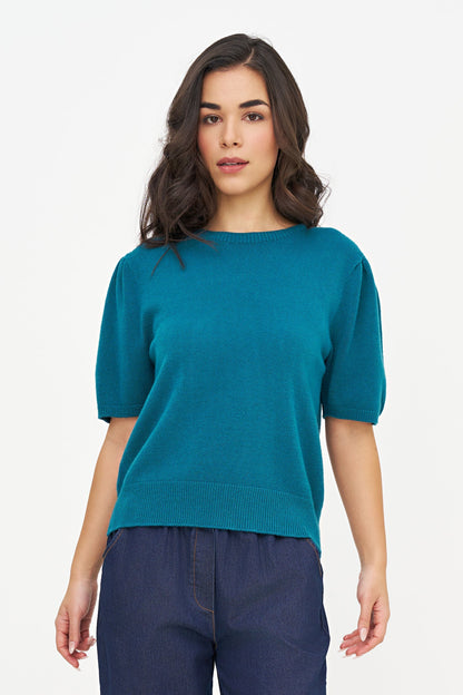 Women's Knit Wide Crew-Neck Sweater, with Elbow Length Sleeves with a Gathered Shoulder Detailing