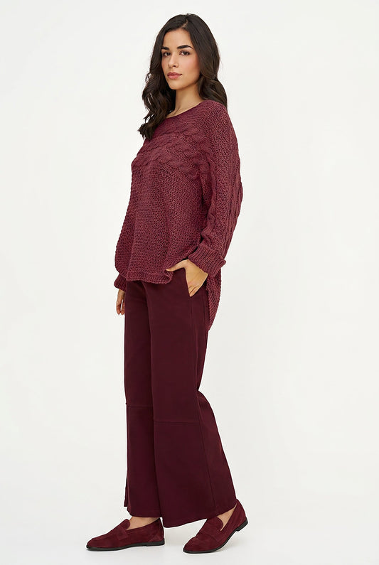 Women's Cable-Knit Scoop-Neck Sweater, Cuffed Sleeves & High-Low Hem