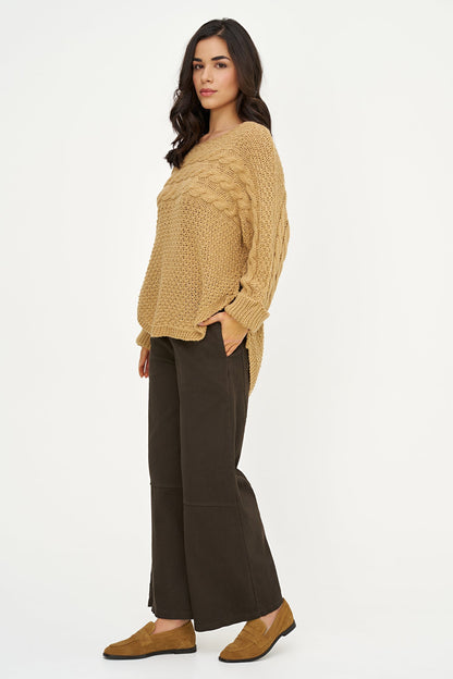 Women's Cable-Knit Scoop-Neck Sweater, Cuffed Sleeves & High-Low Hem