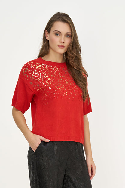 Women's Foil Polka-Dot Wide Crew-Neck Sweater, Elbow-Length Sleeves
