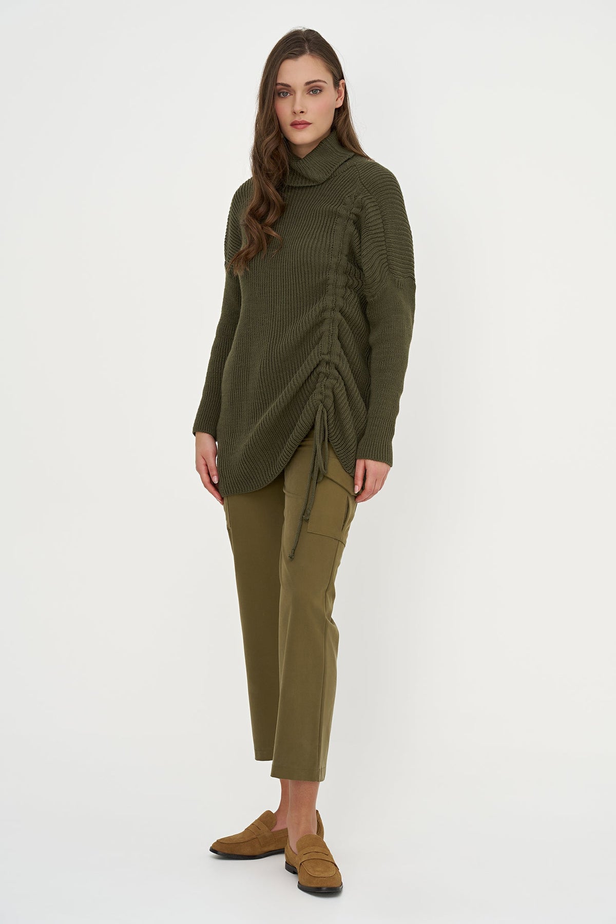 Women's Rib-Knit Turtleneck Tunic Sweater with Asymmetric Tie Front